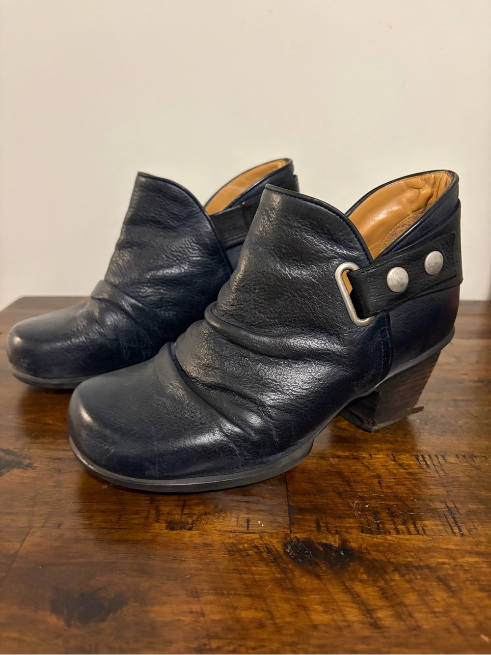 John Fluevog Hopefuls Holly Navy and Black Leather Ankle Bootie